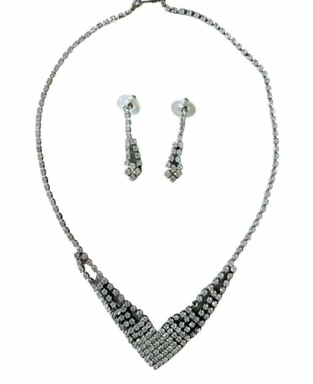 Vintage Silver Tone Clear Rhinestone V-Front Bib Necklace and Earrings Set